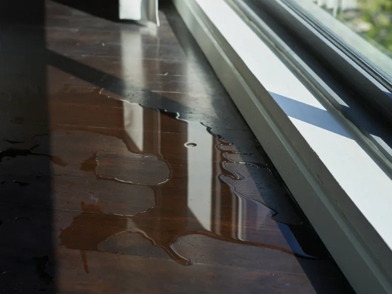 Water spilled on a wooden floor near a window with sunlight casting shadows. flood damage cleanup