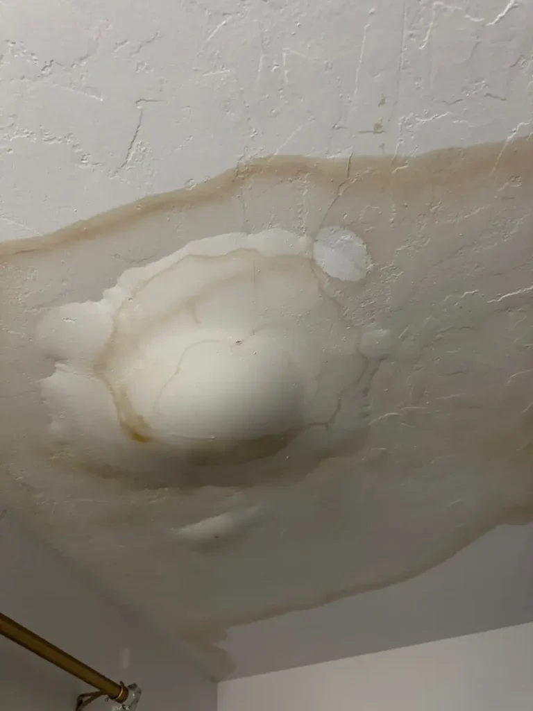 Ceiling with large water stain and bubbling paint from water damage.