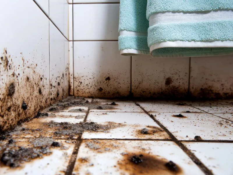 Bathroom floor and lower wall tiles covered with black mold and dirt near hanging towels. sewage backup cleanup
