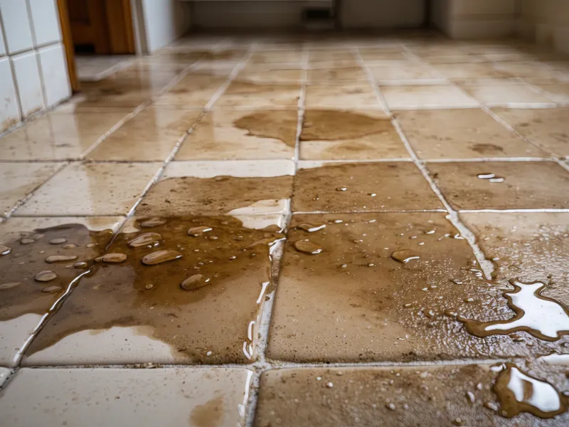 Dirty water spilled across beige tiled floor with grout lines visible. sewage backup cleanup