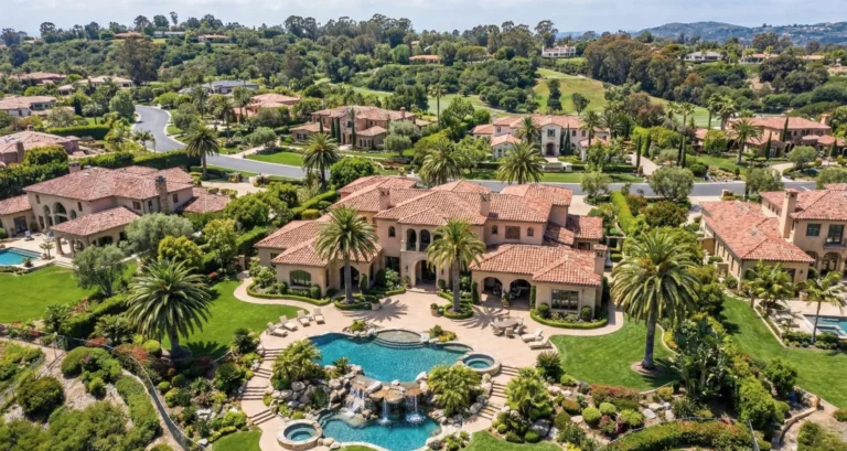 Aerial view of luxury estate homes and swimming pools in Rancho Santa Fe, CA, serviced by Revive Restoration for water damage restoration.