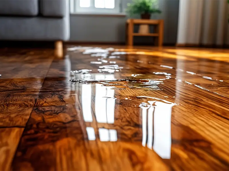 Water spilled on a polished wooden floor reflecting a window and furniture. water removal services